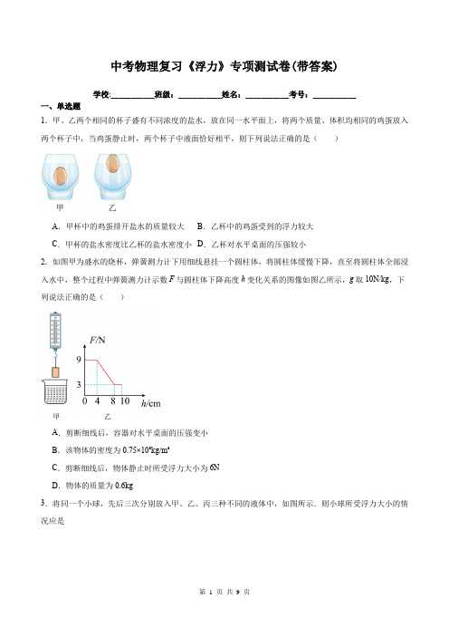 中考物理复习《浮力》专项测试卷(带答案)