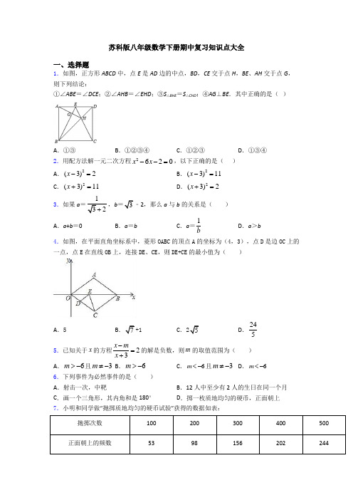 苏科版八年级数学下册期中复习知识点大全
