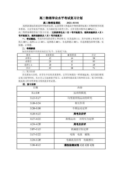 高二物理学业水平考试复习计划