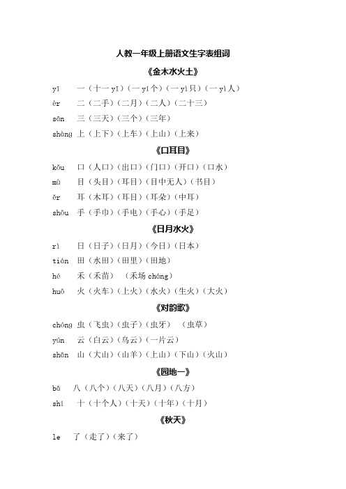 人教一年级上册语文生字表组词