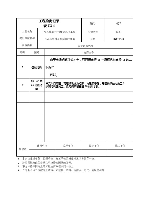 工程洽商记录   关于钢筋代换