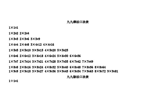 除法口诀表、乘法口诀表〔打印版〕