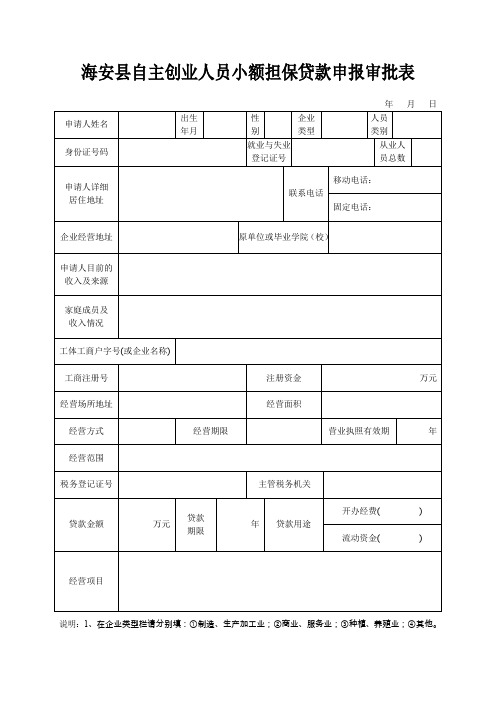 海安县自主创业人员小额担保贷款申报审批表