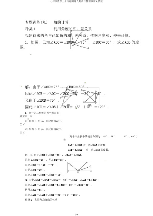 七年级数学上册专题训练九角的计算新版新人教版