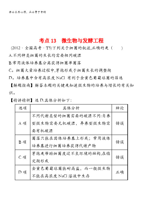 2012年高考生物试题(大纲版)分类汇编13 微生物与发酵工程含解析