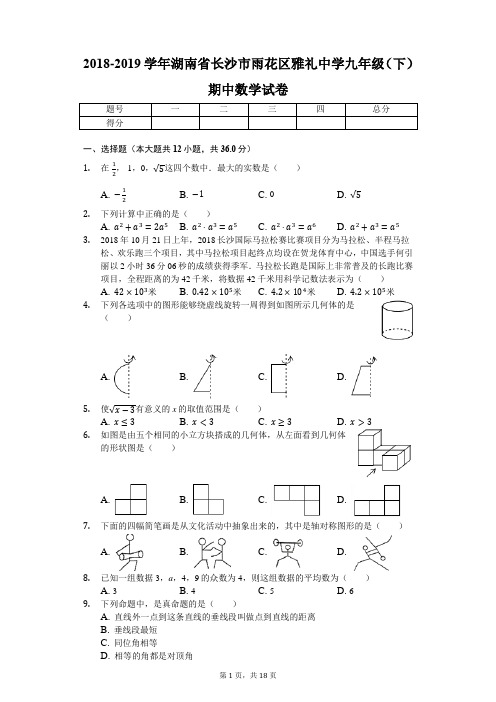 2018-2019长沙市雨花区雅礼中学九年级(下)期中数学试卷