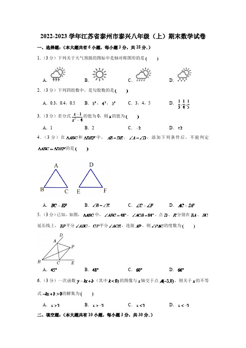 江苏省泰州市泰兴市2022-2023学年八年级上学期期末数学试卷(含答案)