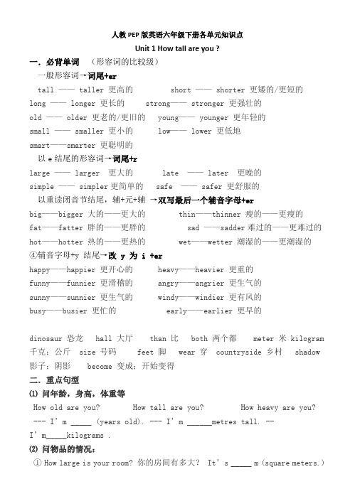 新人教版小学英语六年级下册各单元知识点总结