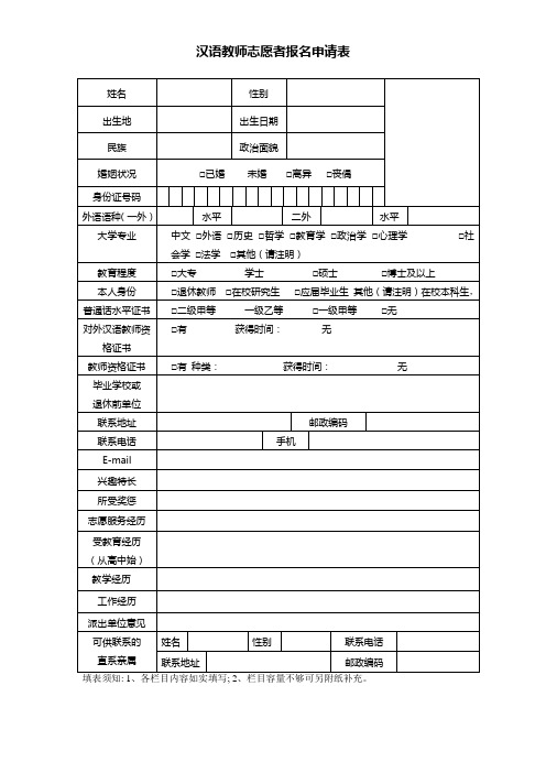 孔子学院志愿者报名申请表