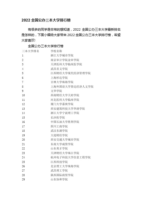 2022全国公办三本大学排行榜