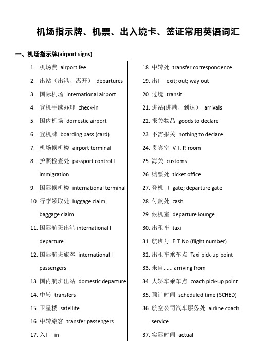 机场指示牌、机票、出入境卡、签证常用英语词汇