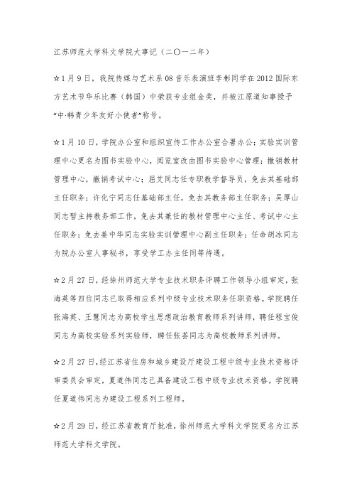 江苏师范大学科文学院大事记(二〇一二年)