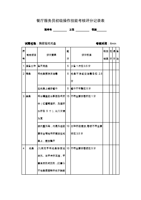 餐厅服务员初级操作技能考核评分记录表