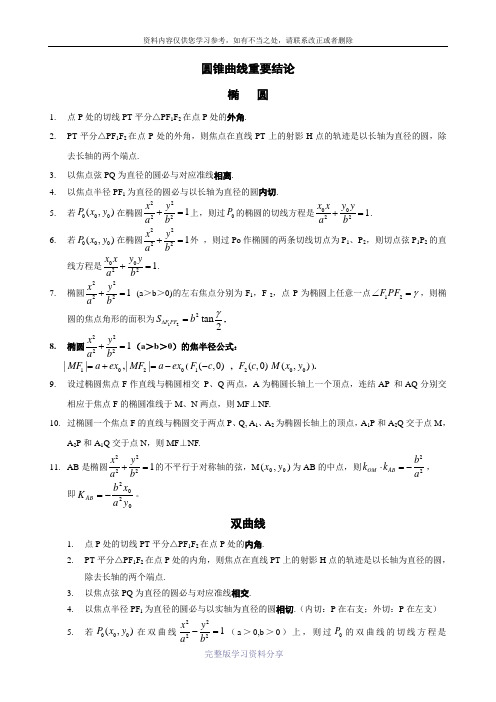 高中数学圆锥曲线重要结论