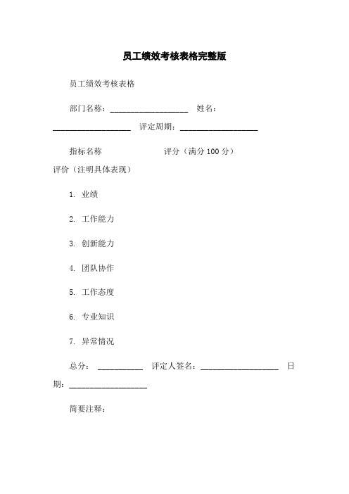 员工绩效考核表格完整版