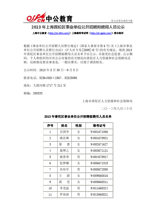 2013年上海普陀区事业单位公开招聘拟聘用人员公示