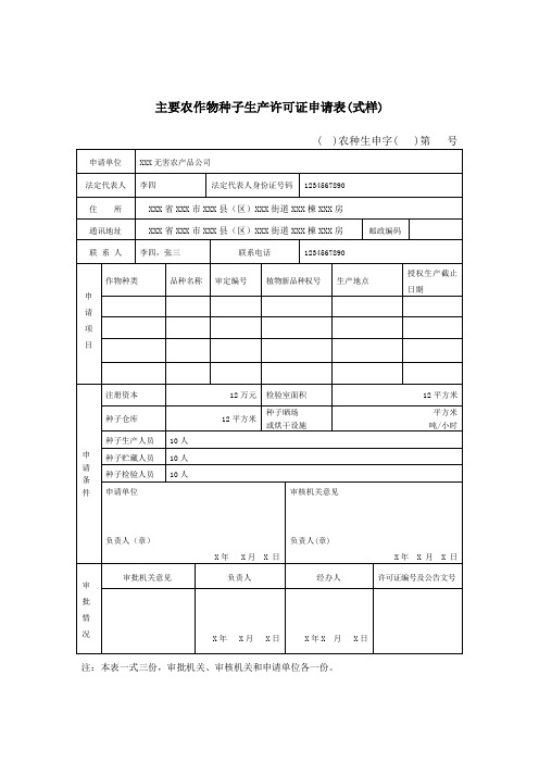 主要农作物种子生产许可证申请表式样