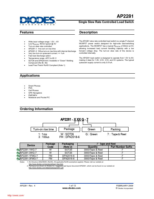 AP2281-3WG-7;AP2281-3FMG-7;AP2281-1WG-7;中文规格书,Datasheet资料