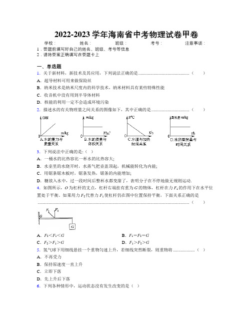 2022-2023学年海南省中考物理试卷甲卷附解析