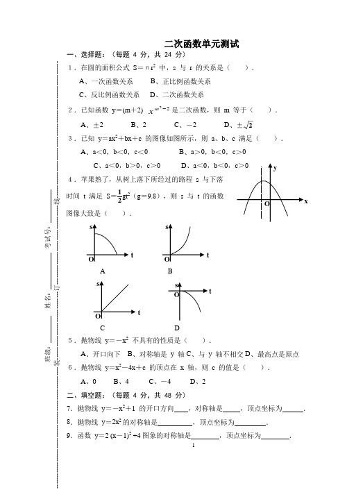 二次函数单元测试8