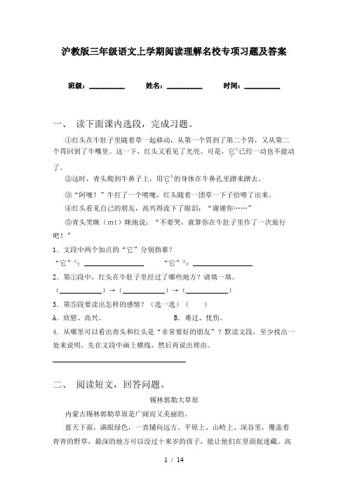 沪教版三年级语文上学期阅读理解名校专项习题及答案