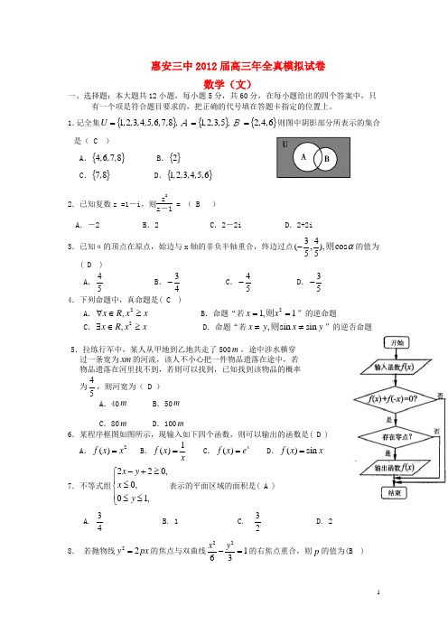 福建省惠安县高三数学全真模拟试题 文 新人教A版