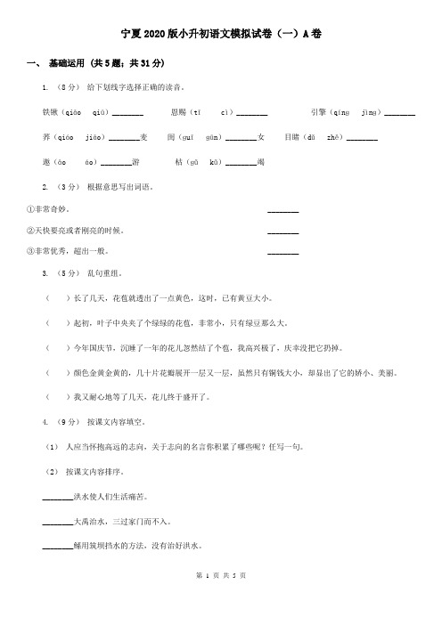 宁夏2020版小升初语文模拟试卷(一)A卷(新版)