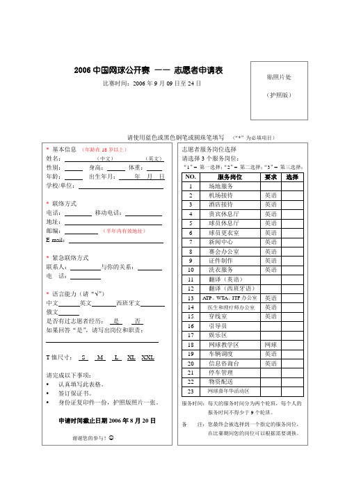 2006中国网球公开赛——志愿者申请表