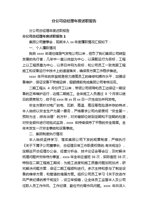 分公司总经理年度述职报告