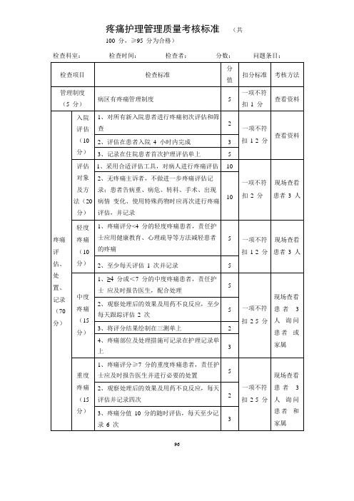 疼痛护理管理质量考核标准