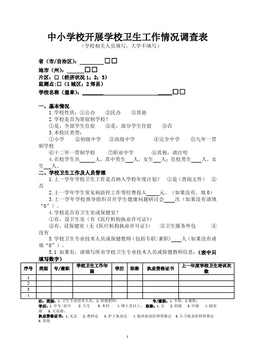 中小学校开展学校卫生工作情况调查表(新版)