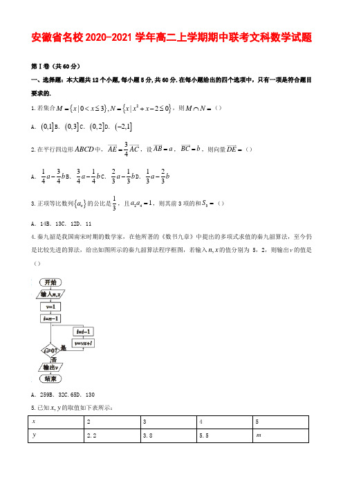 2020-2021学年安徽省名校高二上学期期中联考文科数学试题