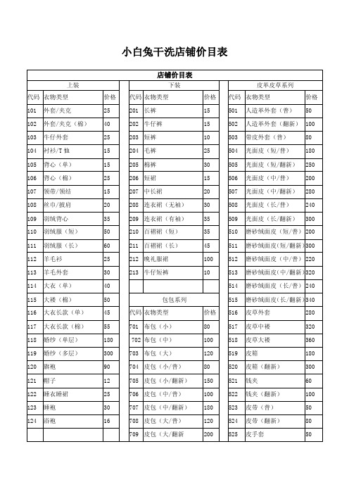 小白兔干洗店铺价目表