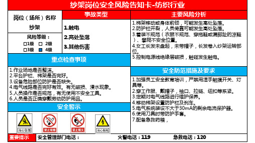 纱架岗位安全风险告知卡-纺织行业