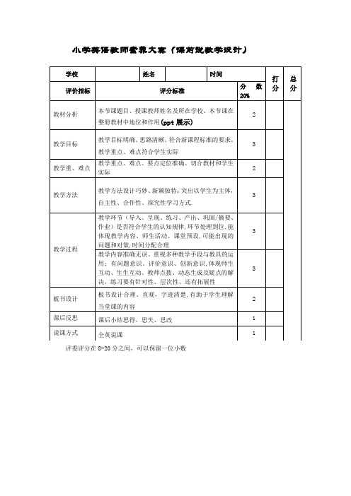 小学英语教师素养大赛课前说课评价标准