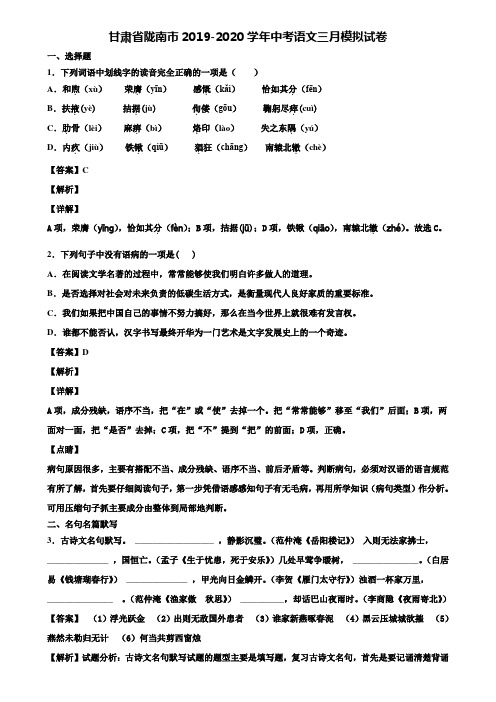 甘肃省陇南市2019-2020学年中考语文三月模拟试卷含解析