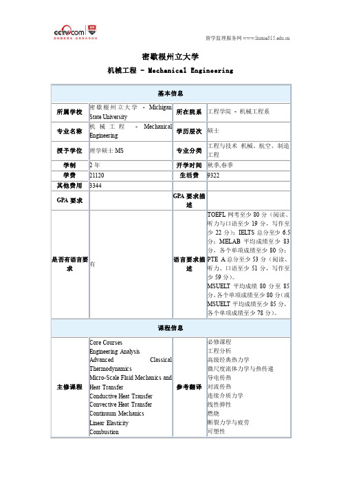 密歇根州立大学机械工程硕士专业