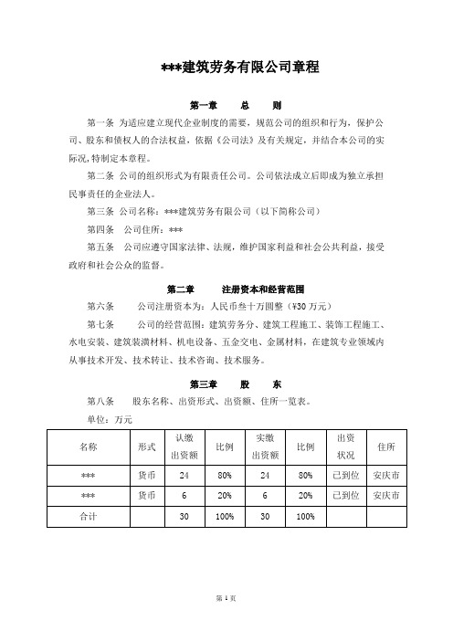 建筑劳务公司章程范本