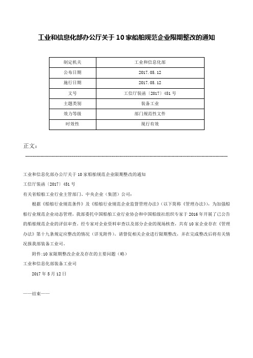 工业和信息化部办公厅关于10家船舶规范企业限期整改的通知-工信厅装函〔2017〕451号