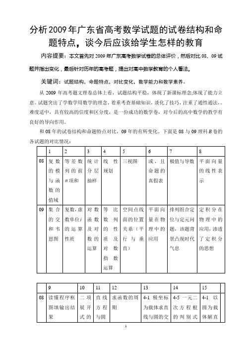 分析2009年广东省高考数学试题的试卷结构和命题特点,谈今后应该给学生怎样的教育