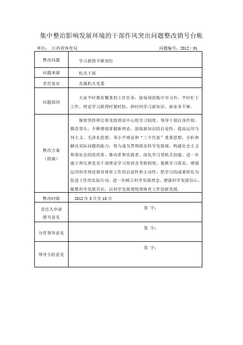 集中整治影响发展环境的干部作风突出问题整改销号台帐