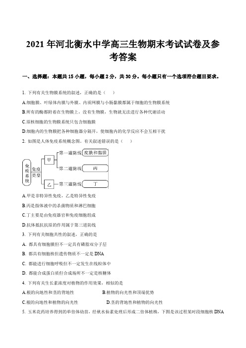 2021年河北衡水中学高三生物期末考试试卷及参考答案