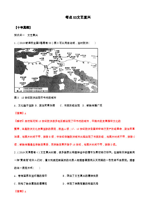 2021年高考历史10年真题3年模拟题练习：考点53 文艺复兴(解析版)