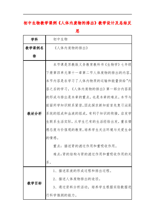 初中生物教学课例《人体内废物的排出》教学设计及总结反思