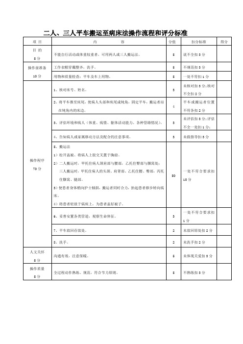 二人、三人平车搬运至病床法操作流程和评分标准