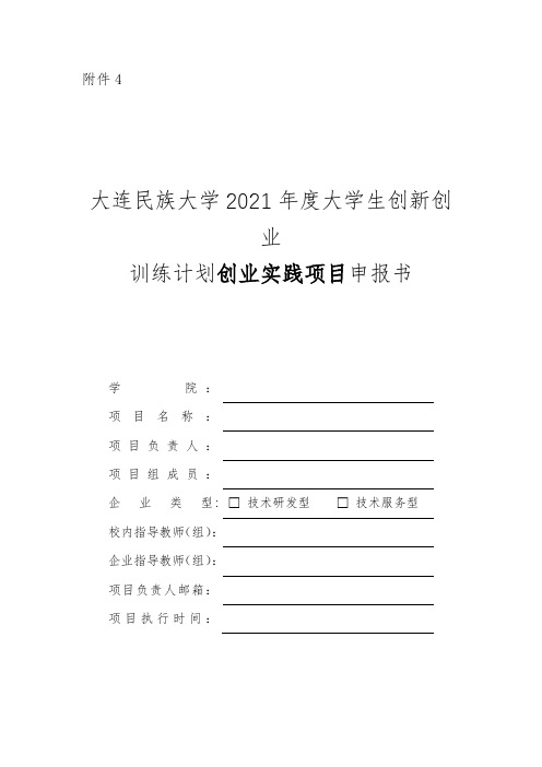 大连民族大学2021年度大学生创新创业训练计划创业实践项目申报书【模板】