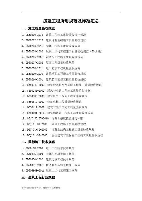 房建工程所用规范及标准汇总