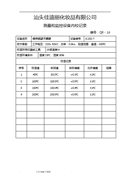 测量和监控设备内校记录表