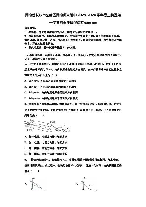 湖南省长沙市岳麓区湖南师大附中2023-2024学年高三物理第一学期期末质量跟踪监视模拟试题含解析