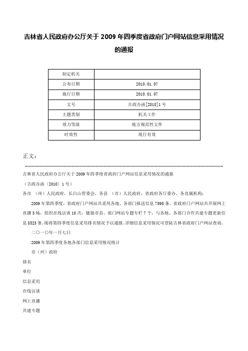 吉林省人民政府办公厅关于2009年四季度省政府门户网站信息采用情况的通报-吉政办函[2010]1号